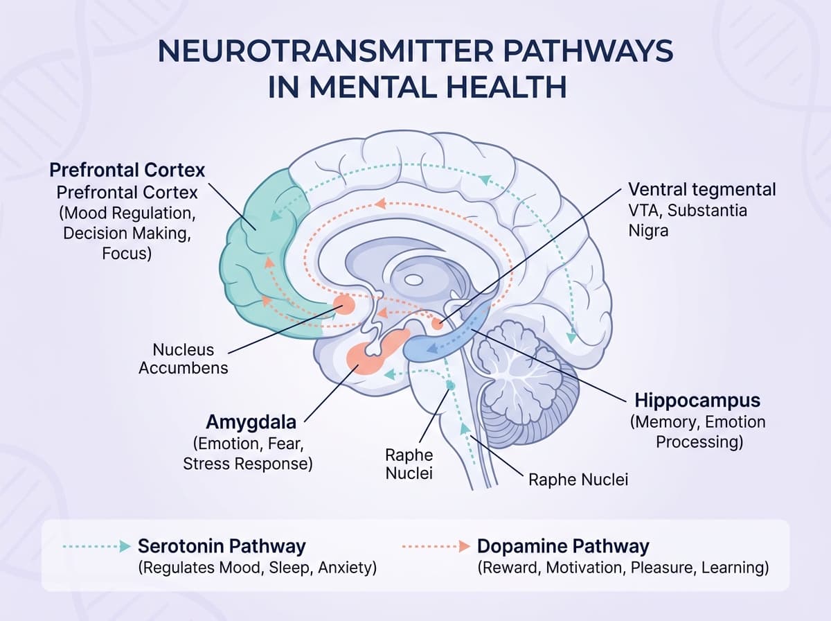 Neuroscience illustration showing brain regions and neurotransmitter pathways involved in mental health