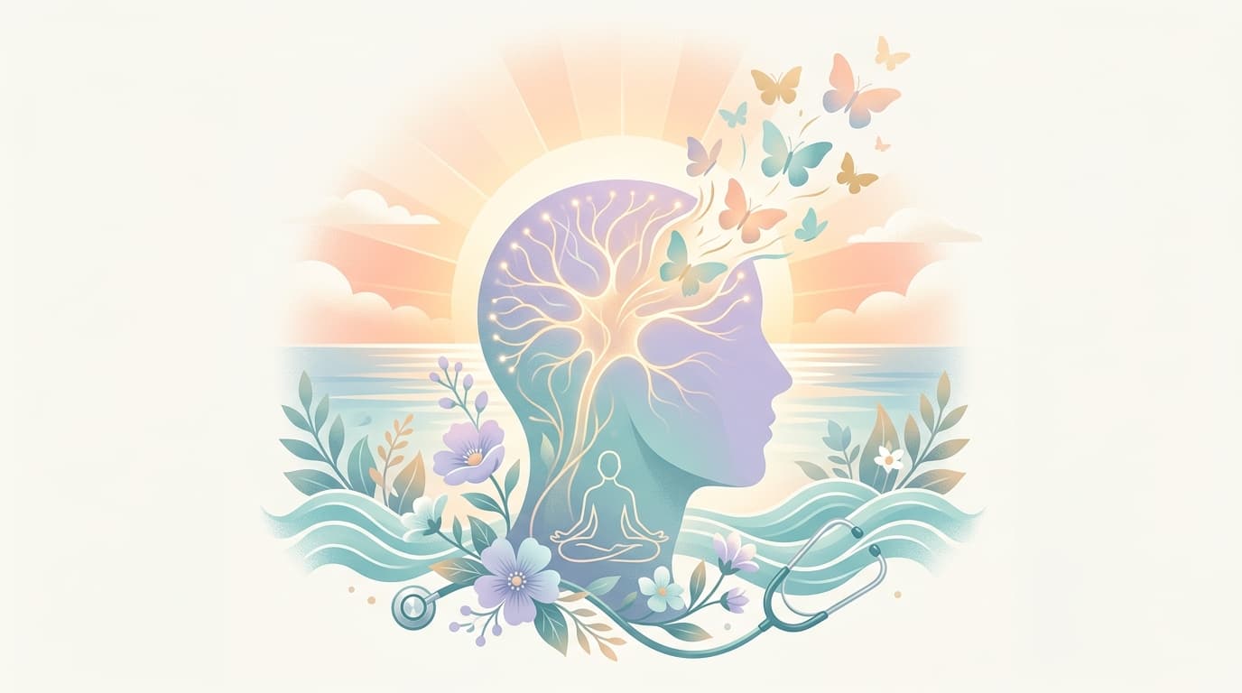 Mental health awareness illustration with brain, meditation, and wellness symbols