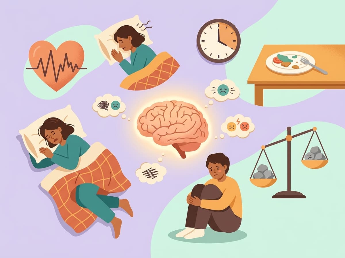 Infographic illustration showing the physical and emotional warning signs of anxiety and depression