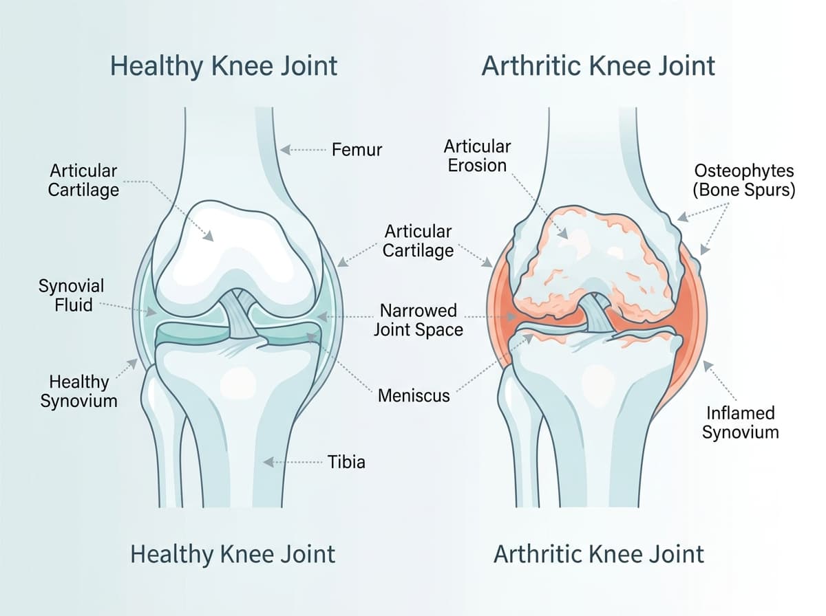 Medical diagram comparing healthy knee joint anatomy with arthritic knee joint showing cartilage erosion and bone spurs