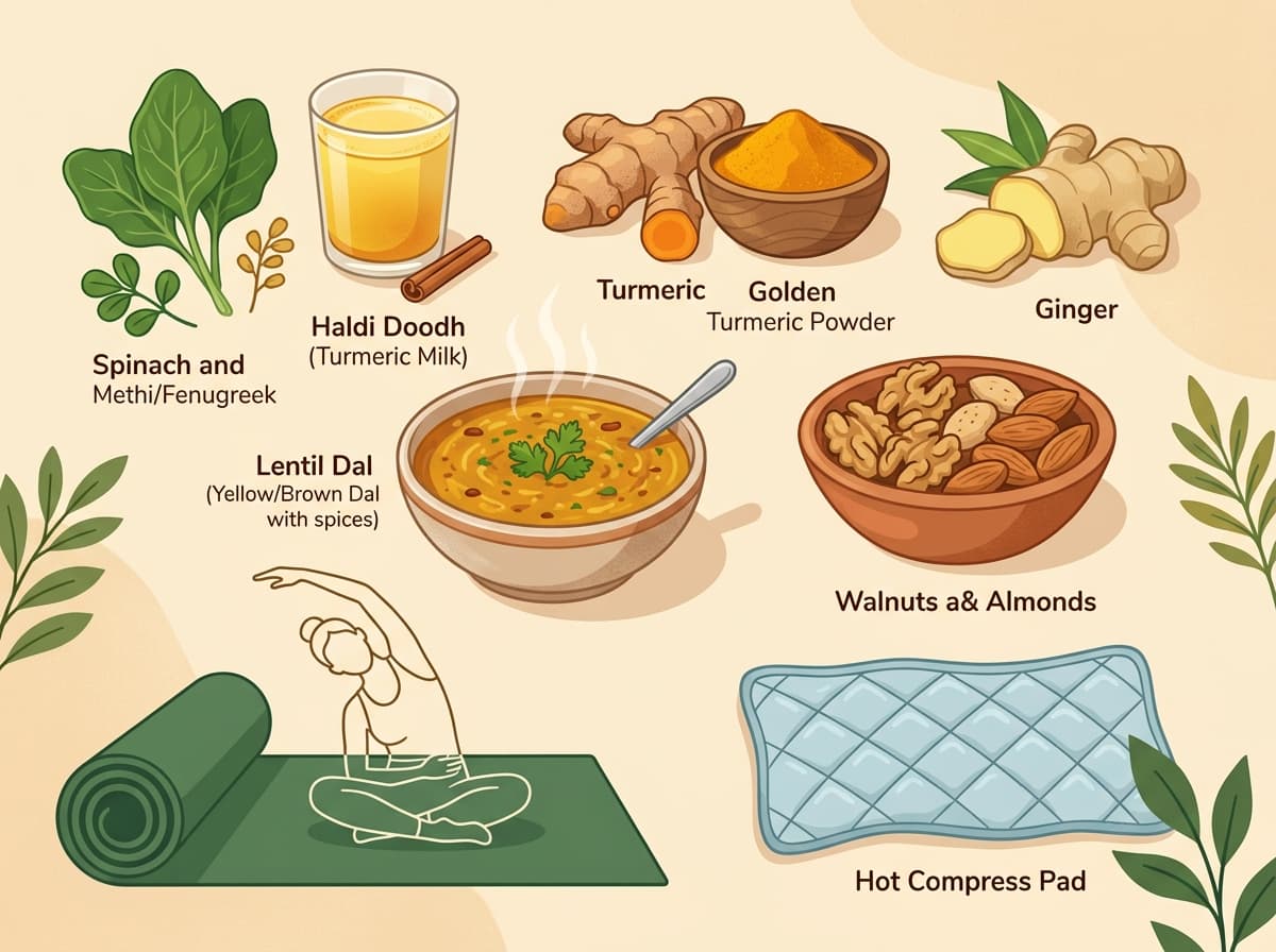 Illustration of natural anti-inflammatory foods and home remedies for arthritis including turmeric, ginger, dal, and yoga
