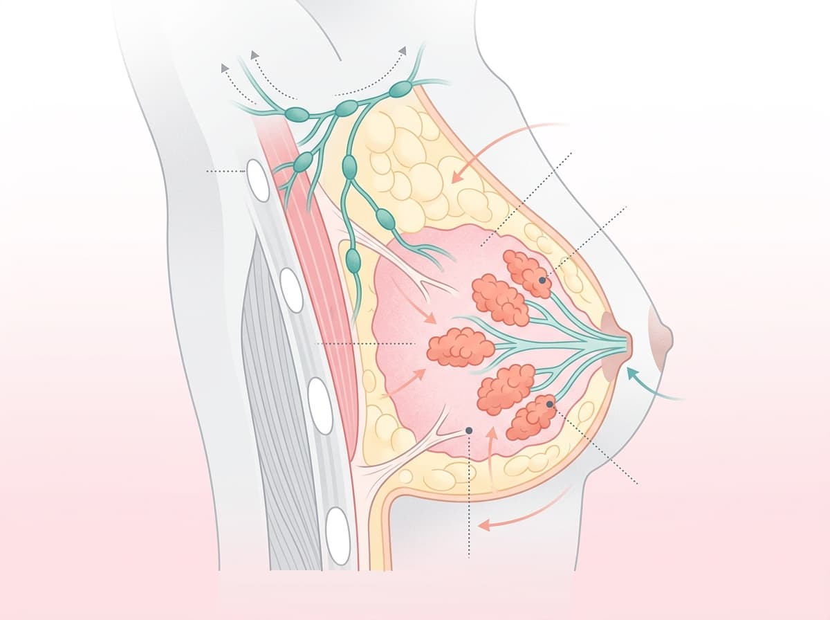 Medical illustration showing breast anatomy including ducts, lobules, lymph nodes, and tissue layers