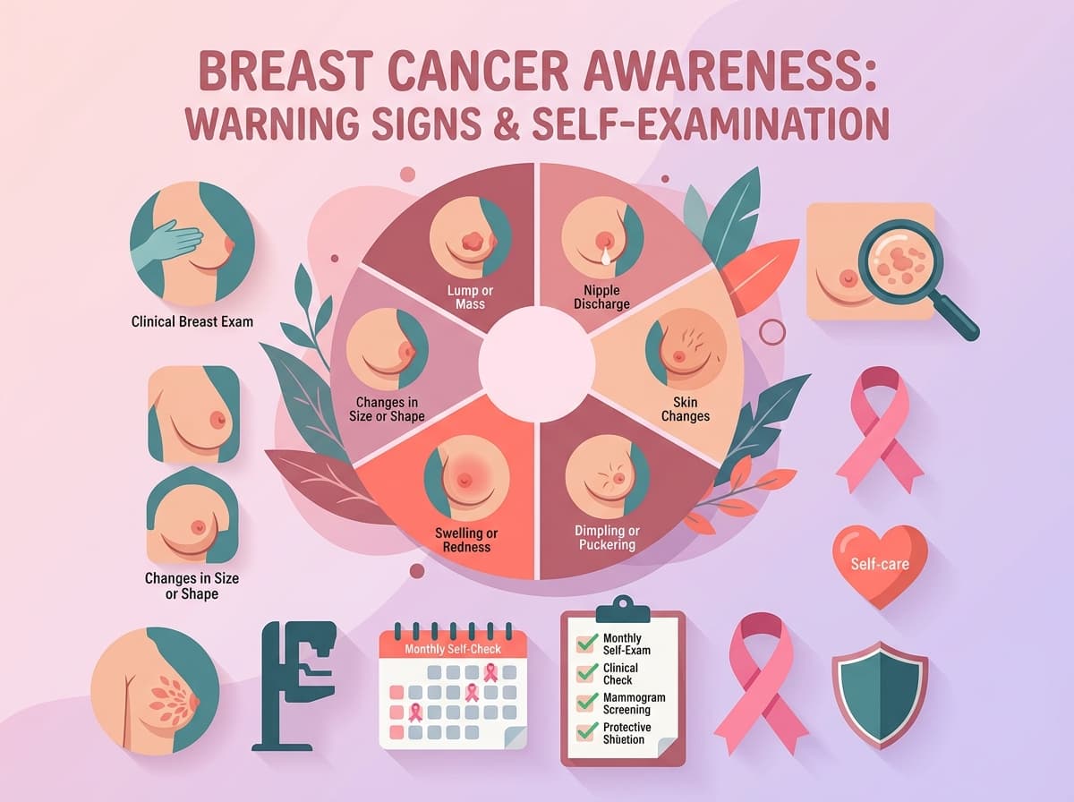 Infographic showing breast cancer warning signs including lumps, skin changes, nipple discharge, and self-examination checklist