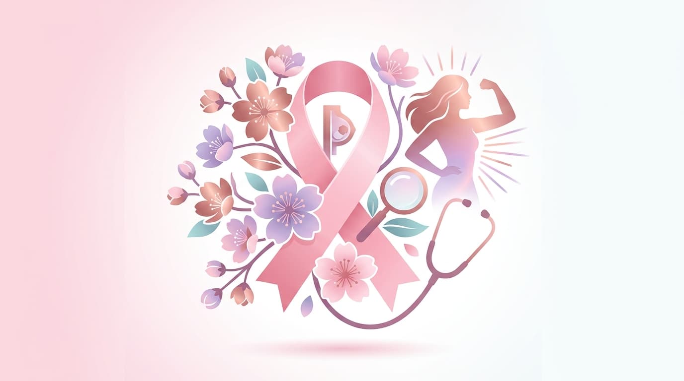 Breast cancer awareness pink ribbon with early detection and screening symbols representing hope and medical professionalism