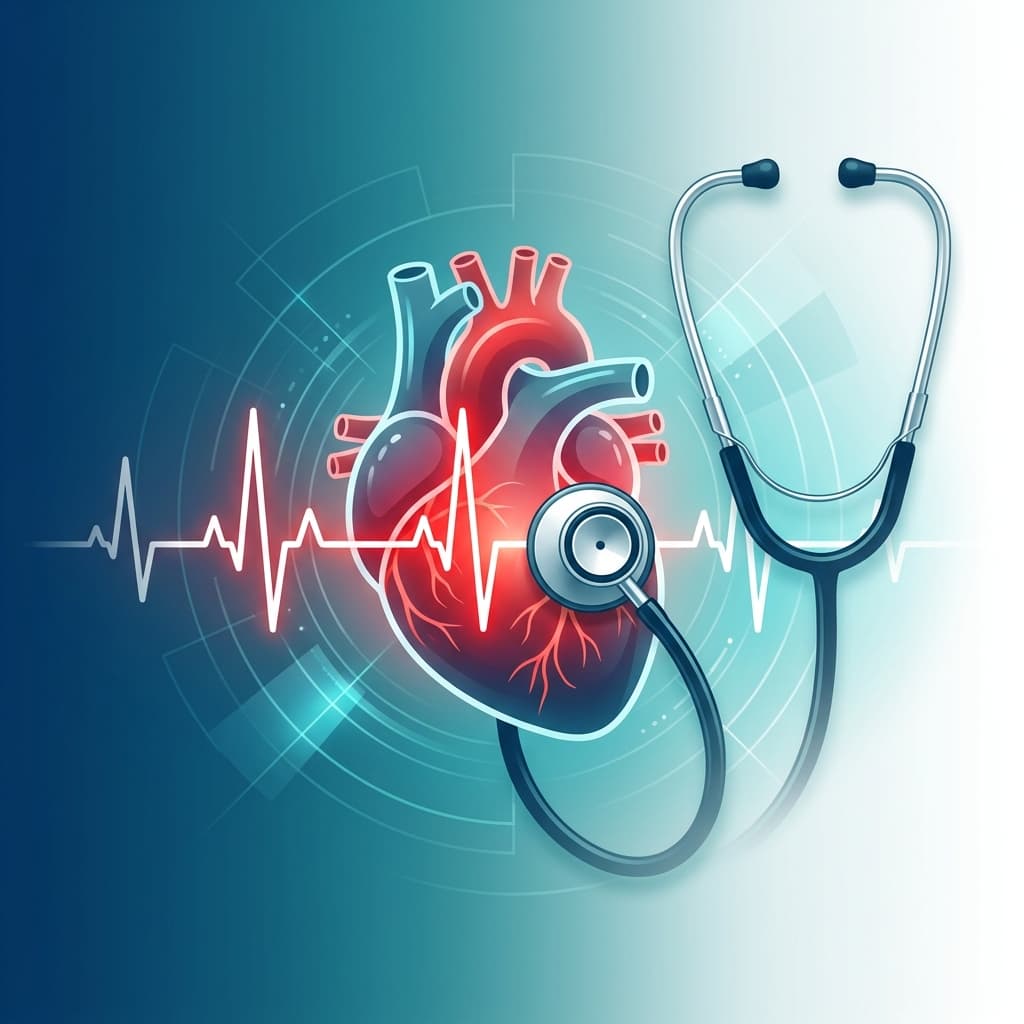 Cardiac health awareness — heart with ECG heartbeat line and medical stethoscope