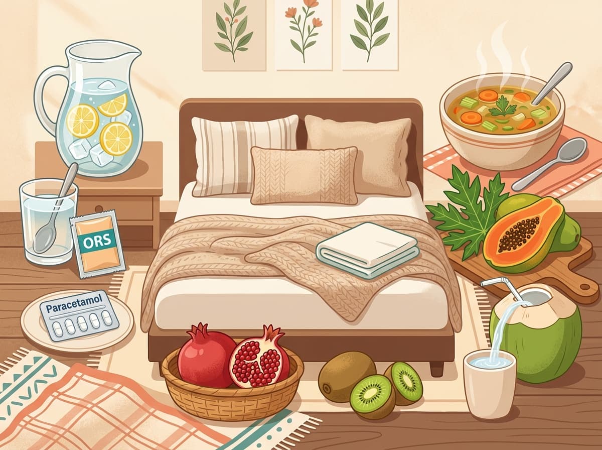 Dengue home remedies illustration showing ORS, coconut water, papaya, soup, and rest essentials