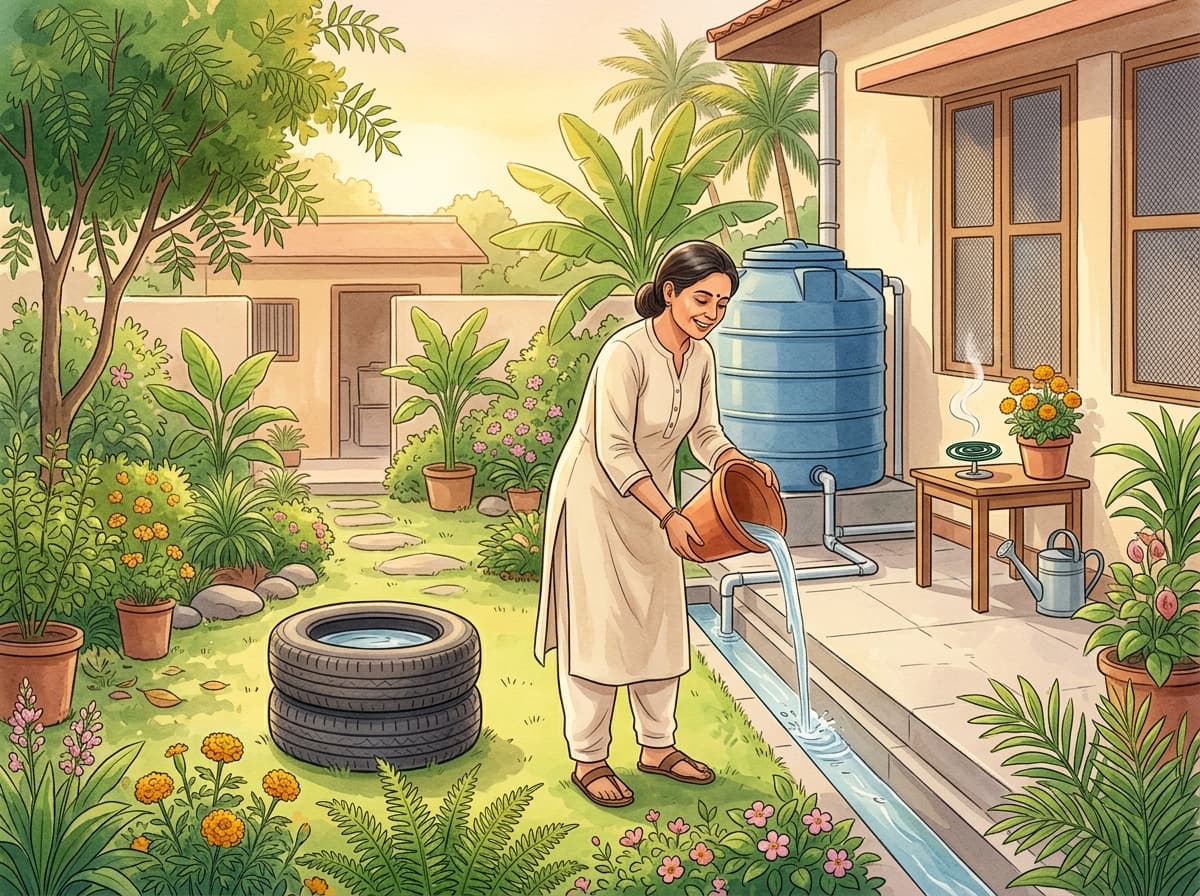 Dengue prevention lifestyle illustration showing stagnant water removal and mosquito protection at home