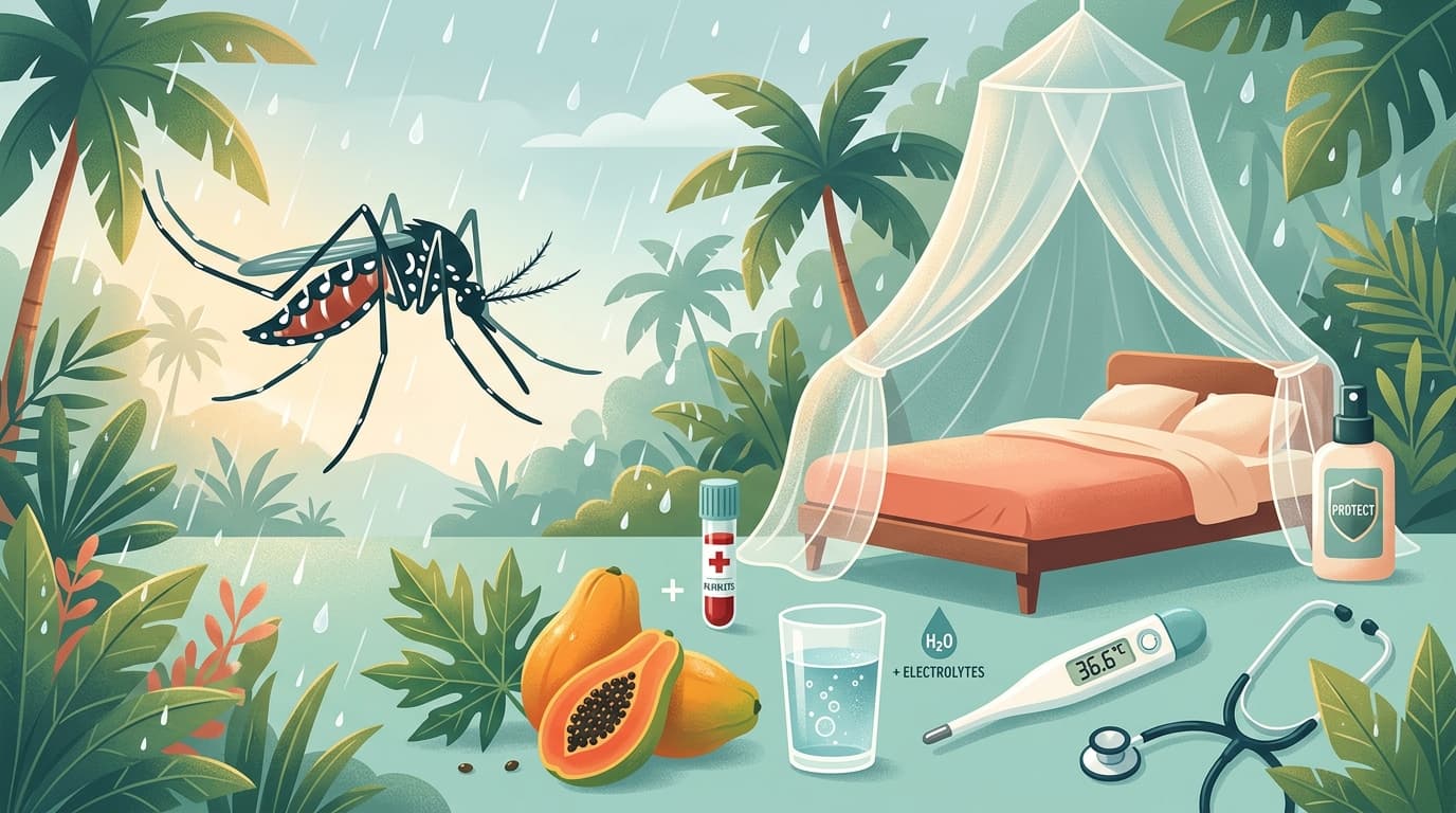 Dengue fever awareness illustration showing mosquito prevention, medical care, and home remedies