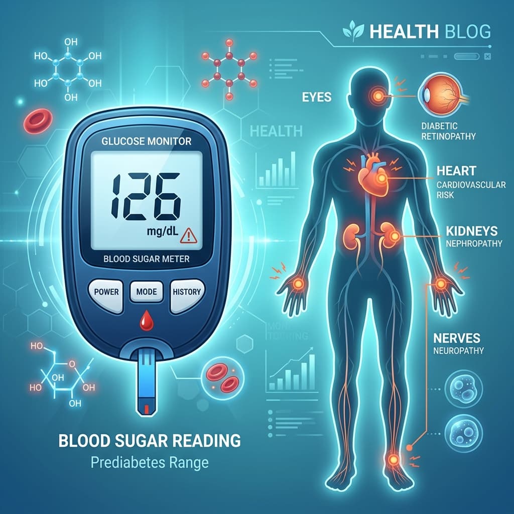 Diabetes warning signs medical diagram showing blood sugar monitor at 126 mg/dL with body organ warning nodes