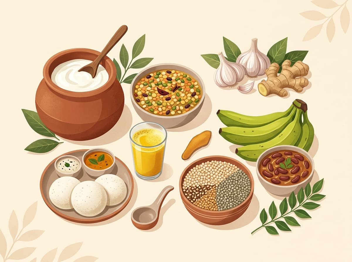 Indian prebiotic and probiotic foods for gut health — dahi, dal, idli, turmeric milk, millets, rajma, garlic, ginger, and curry leaves