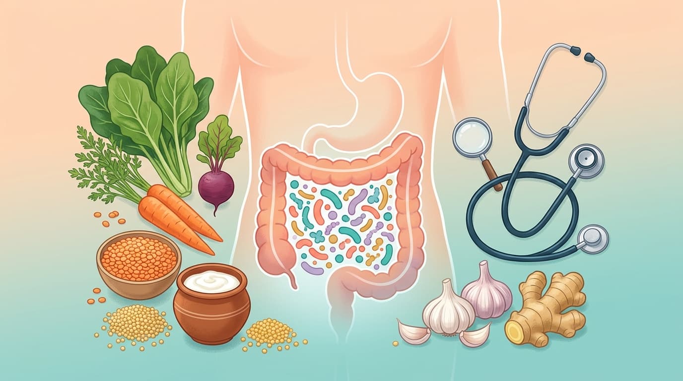 Gut health and microbiome guide — illustration of digestive system with beneficial bacteria, Indian foods, and medical elements