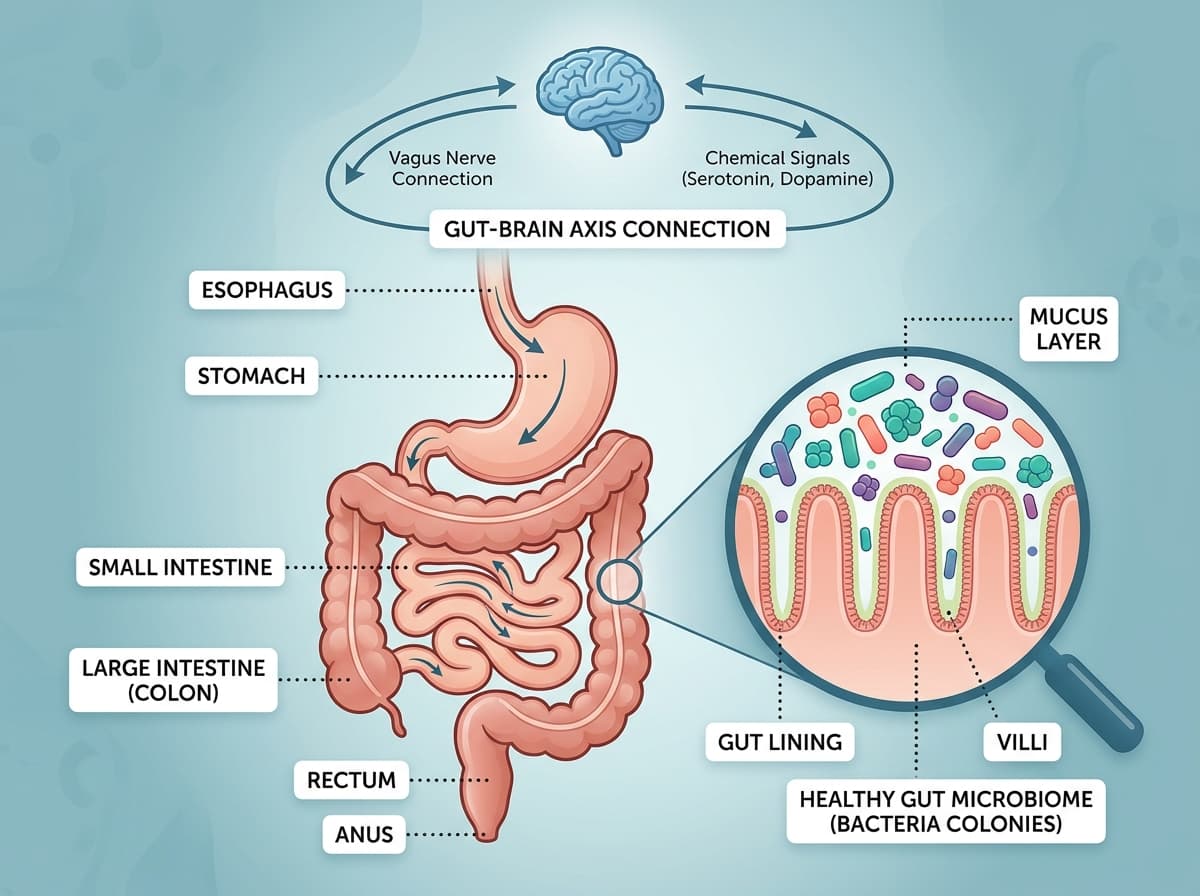 Medical diagram of the digestive system showing the gut-brain axis connection, gut lining with villi, and healthy microbiome bacteria colonies