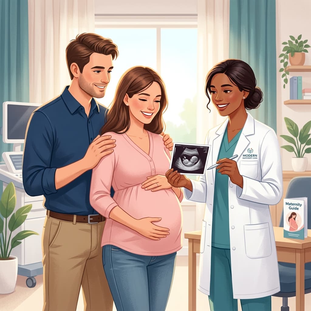 Expectant mother with partner consulting a doctor at a maternity clinic