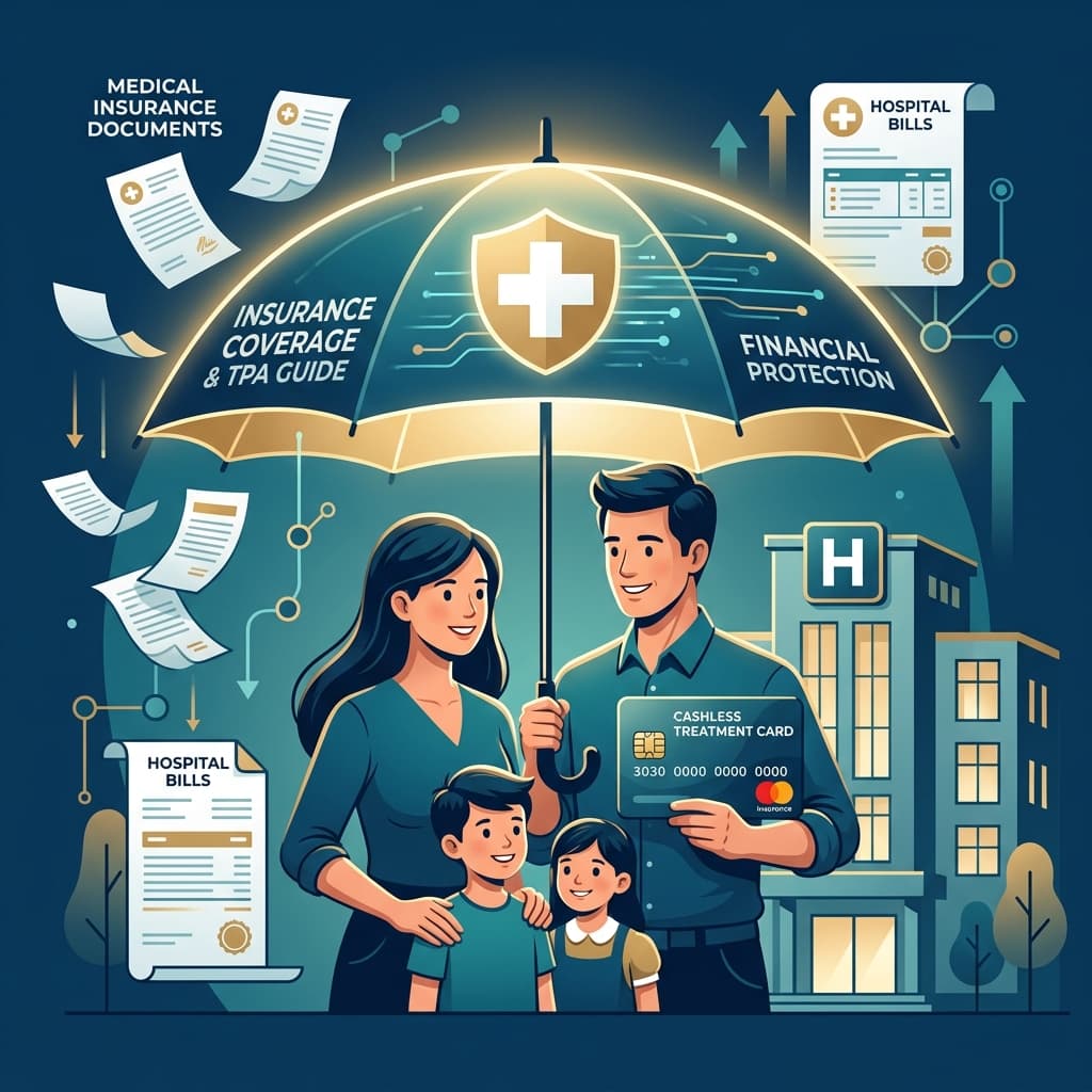 Hospital insurance and TPA claims guide — family protected with financial coverage illustration