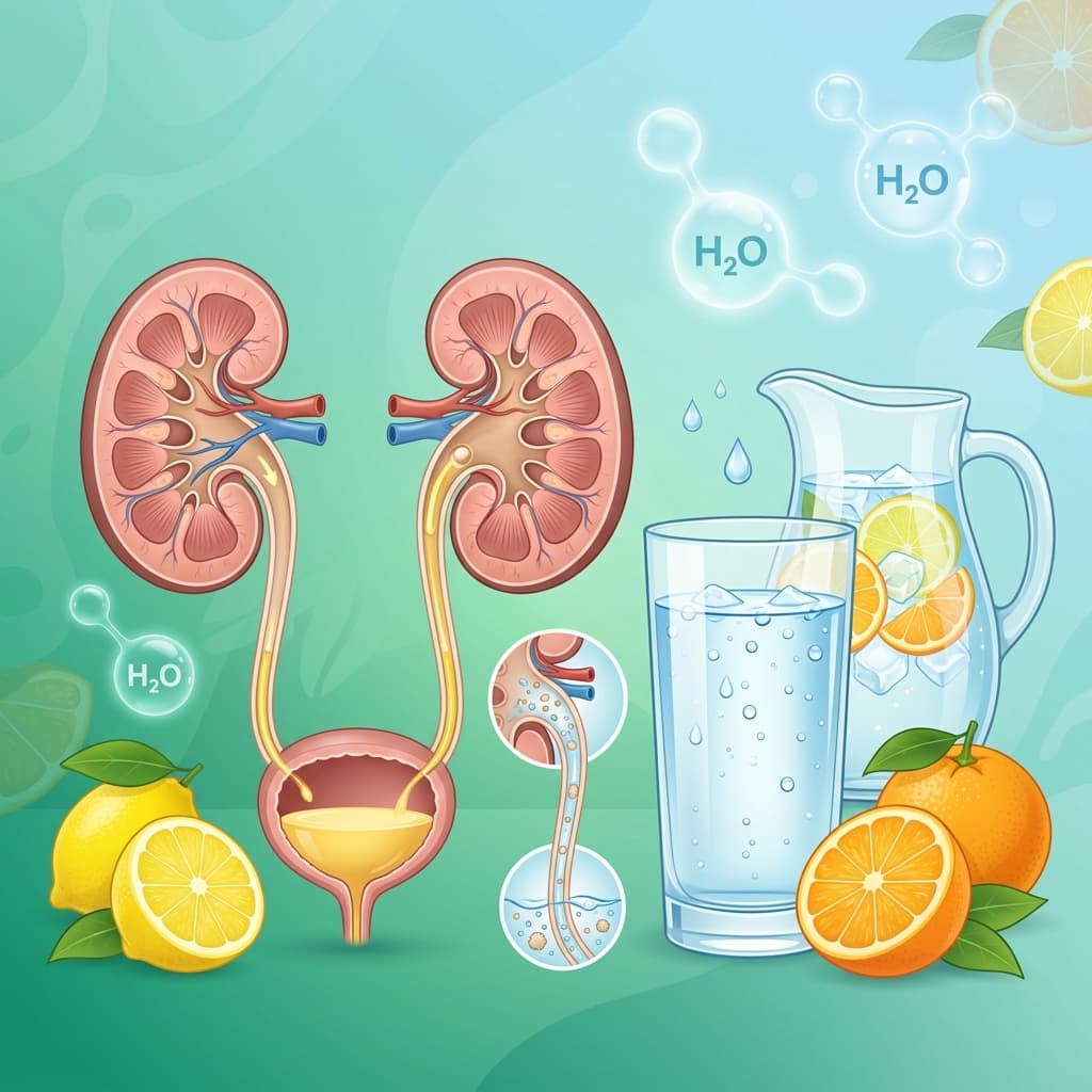 Kidney Stones Guide — visual representing kidney system, high hydration, and kidney-friendly food choices