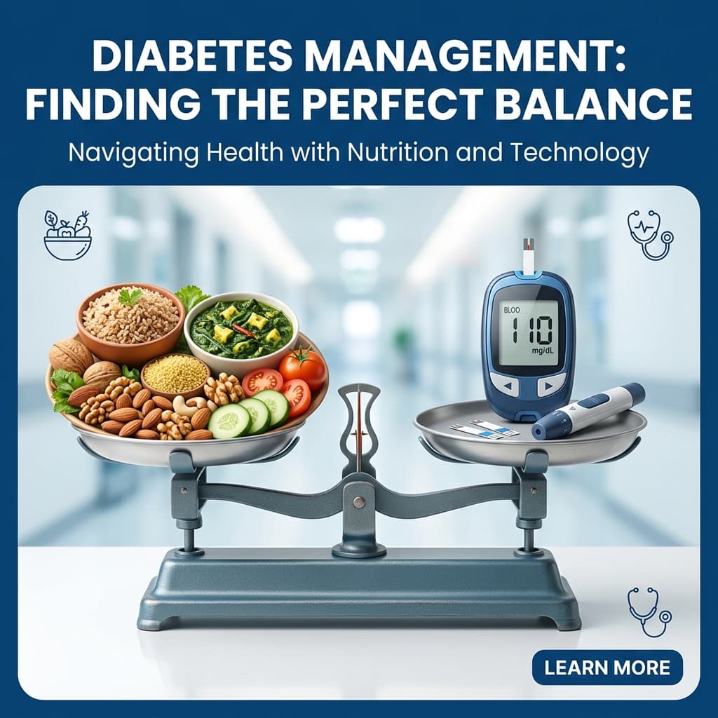A balance scale showing fresh healthy food and a glucose monitoring device