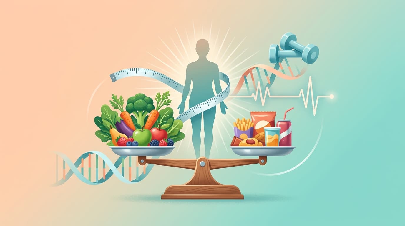 Obesity and weight management infographic with balanced scale showing healthy vs unhealthy foods