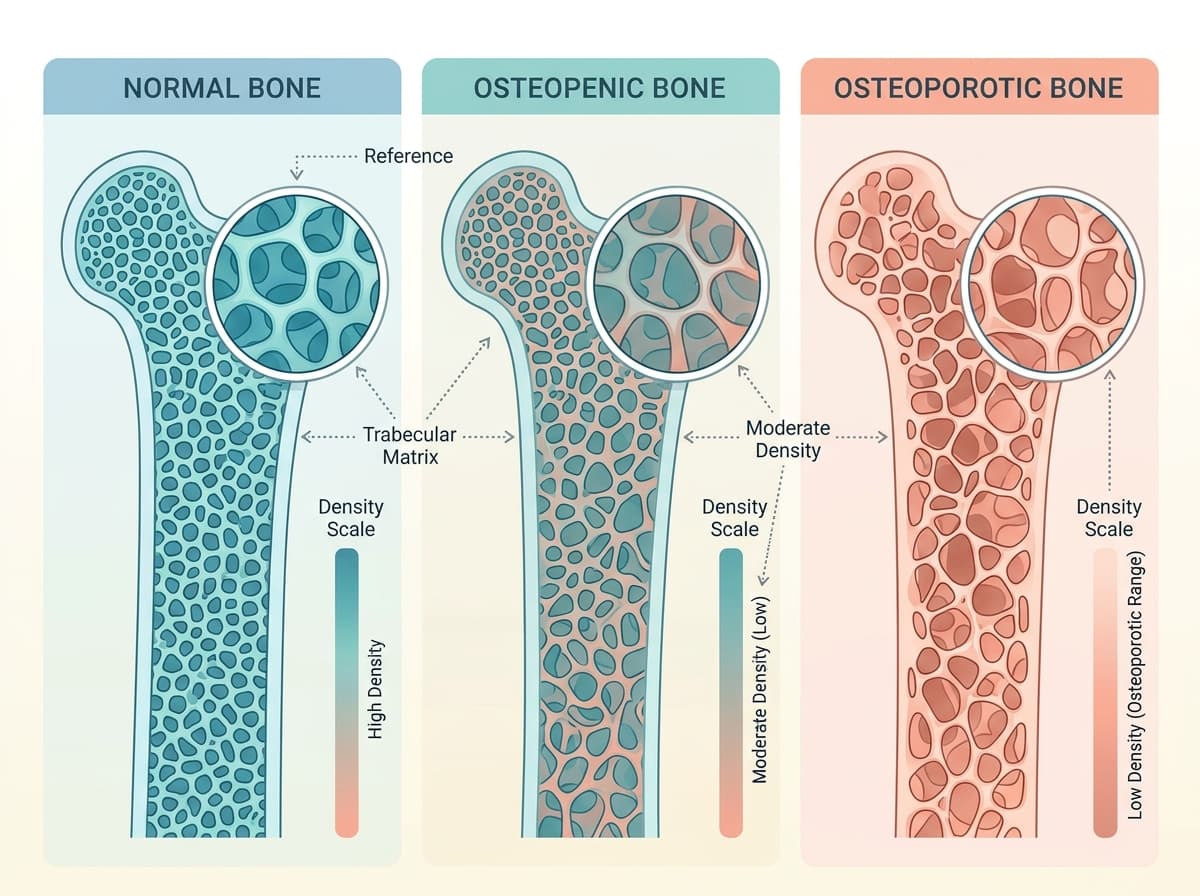 Bone density comparison — normal bone vs osteopenic bone vs osteoporotic bone cross-section