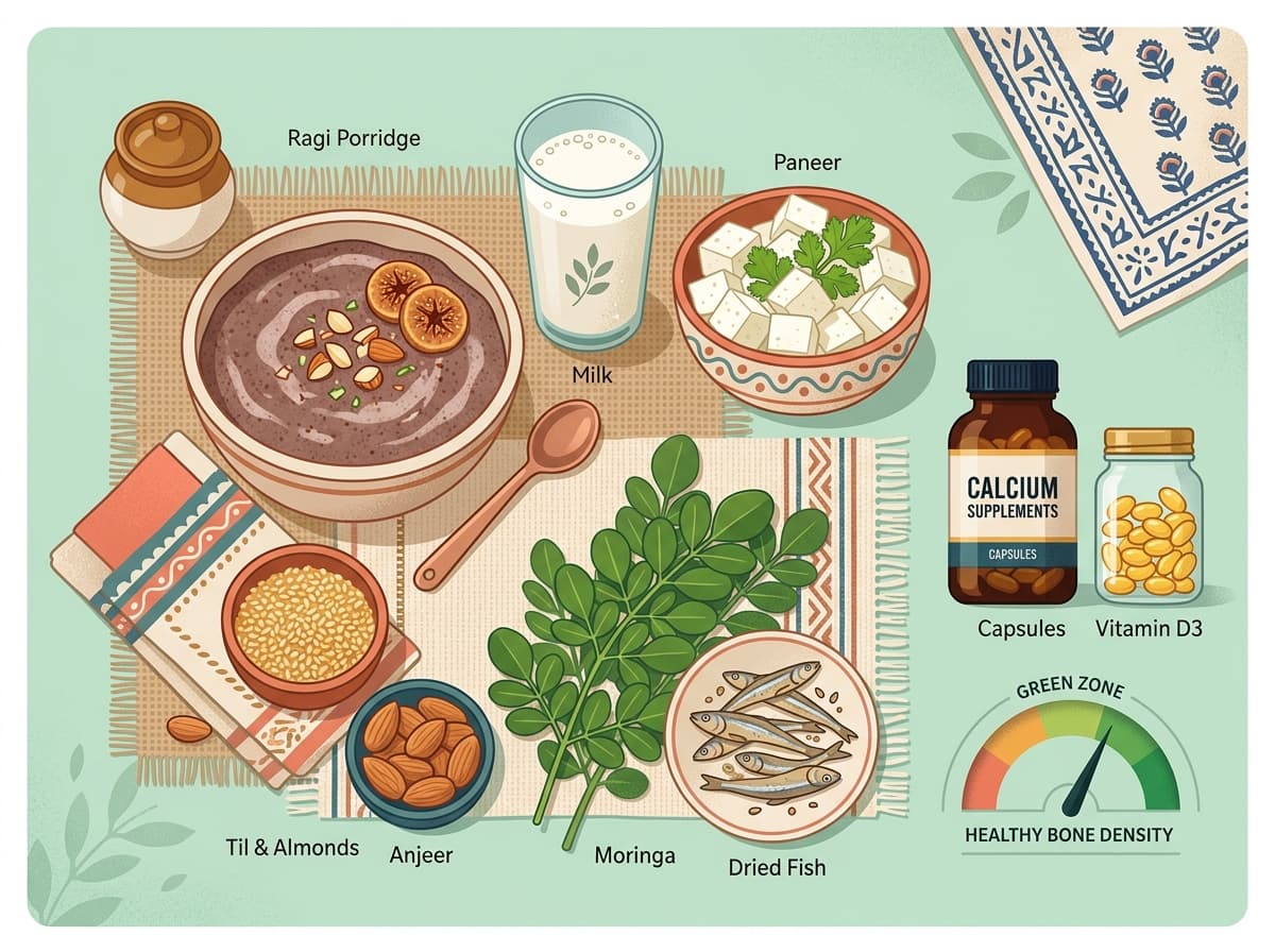 Calcium-rich Indian foods for bone health — ragi, paneer, milk, til, almonds, anjeer, moringa, dried fish