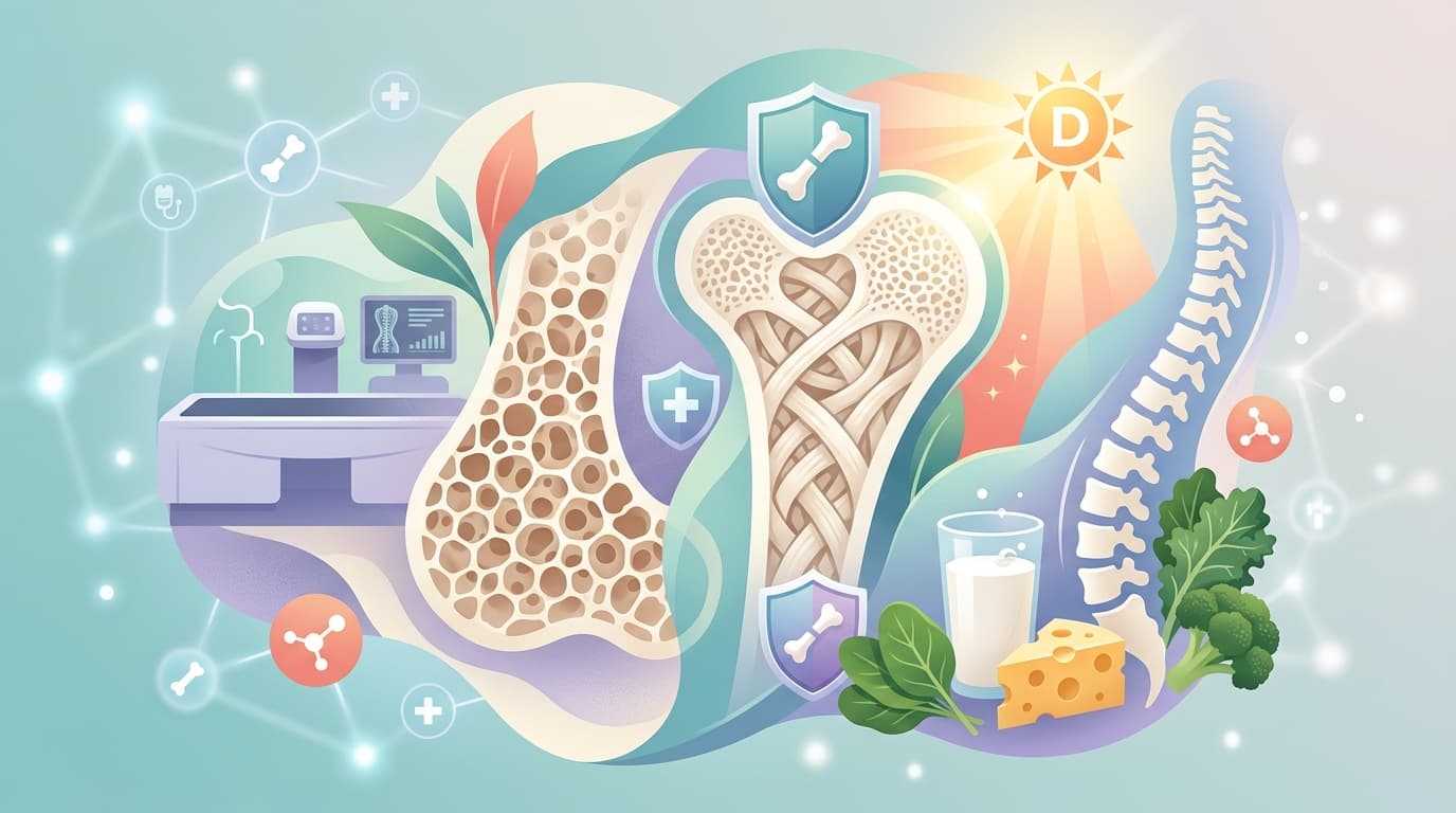 Osteoporosis and bone health guide — bone density illustration with calcium foods and spine