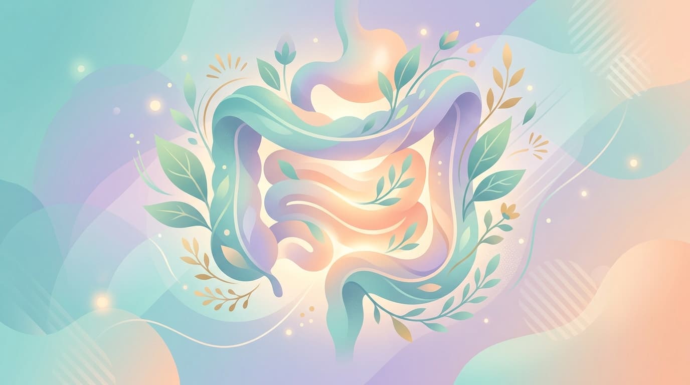 Piles and hemorrhoids treatment guide — serene wellness illustration with abstract digestive system, healing leaves, and soft calming gradients