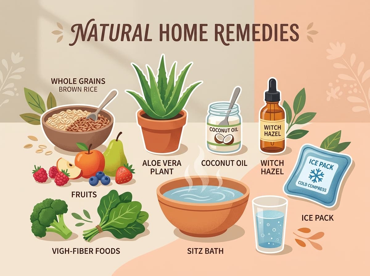 Natural home remedies for piles including sitz bath, high-fibre foods, aloe vera, coconut oil, witch hazel, and ice pack