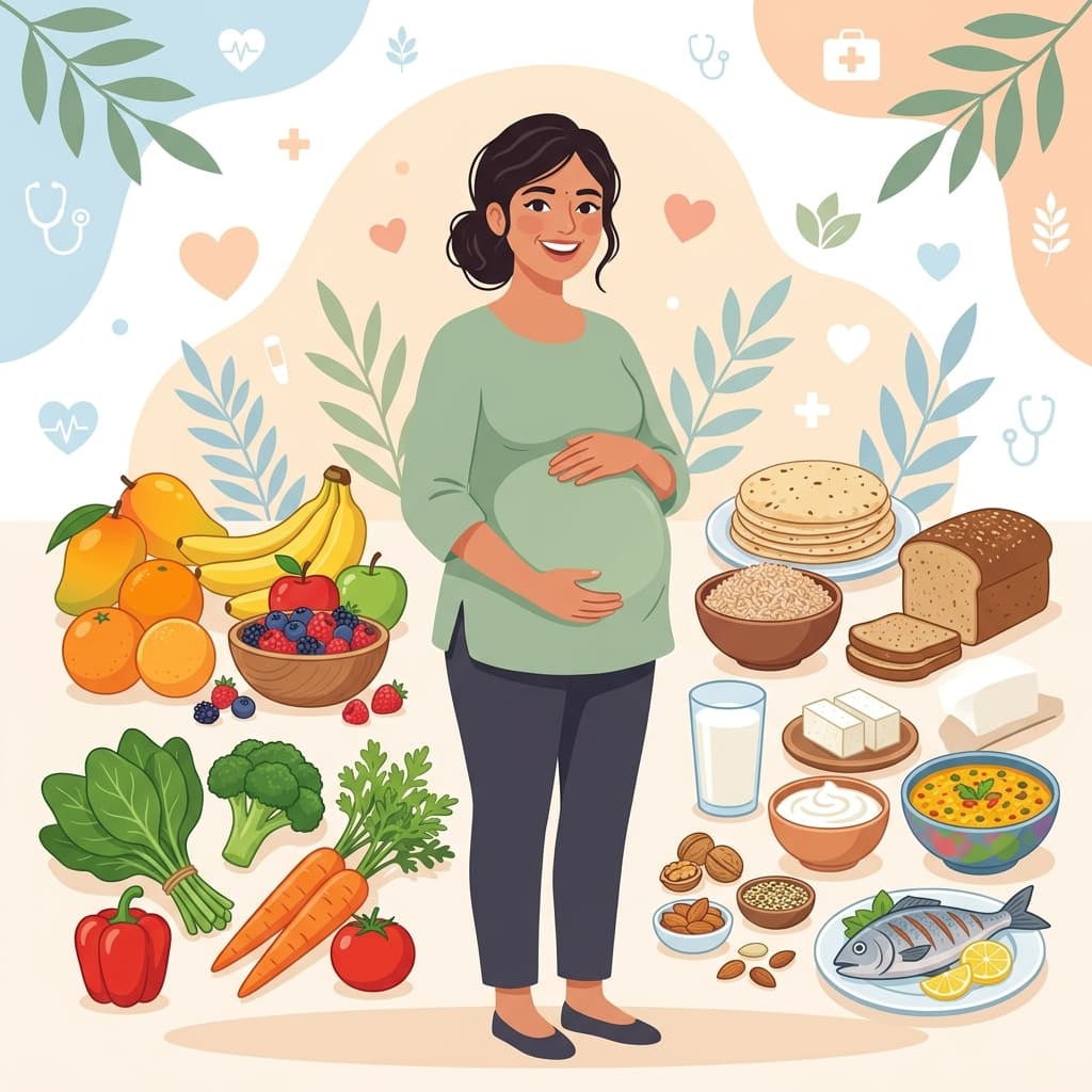 Illustrated guide showing a pregnant woman surrounded by nutritious foods — fruits, vegetables, whole grains, dairy, and lean proteins