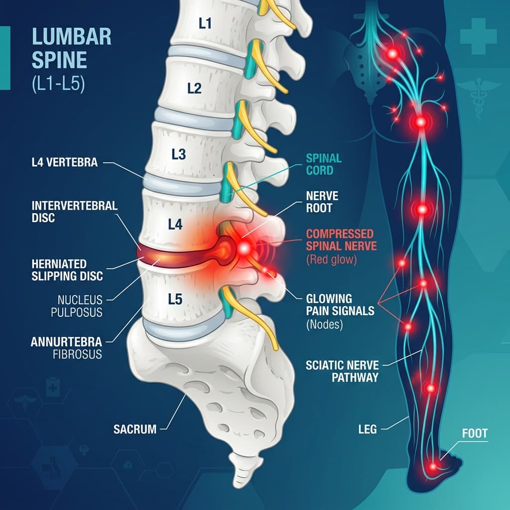 Slip disc symptoms medical diagram showing lumbar spine anatomy L1-L5, herniated disc pressing on nerve root, and sciatic nerve pain path
