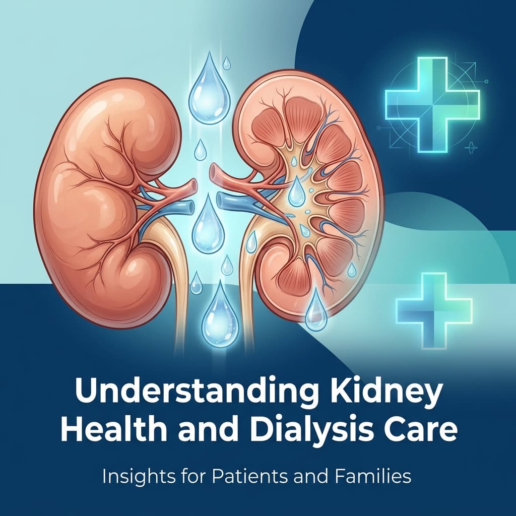 Medical illustration showing healthy kidneys with water drops and clean flow