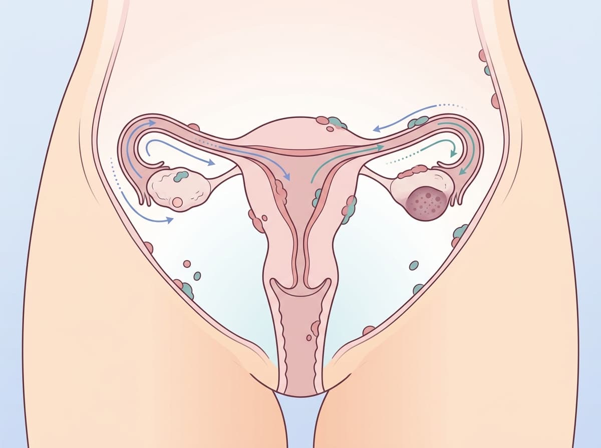 Anatomical diagram of female reproductive system showing endometriosis implants, ovarian chocolate cysts, and tubal pathways