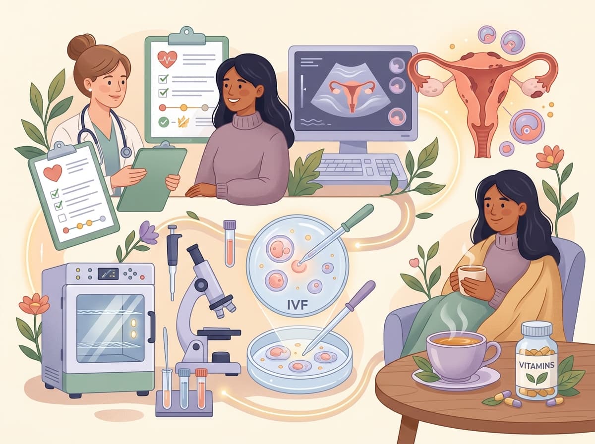 Modern IVF treatment pathway illustration showing medical consultation, laboratory embryology, ultrasound monitoring, and prenatal vitamins